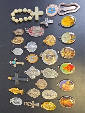Religious 28 Medal Pendant Assortment in Gold and Silver Tones